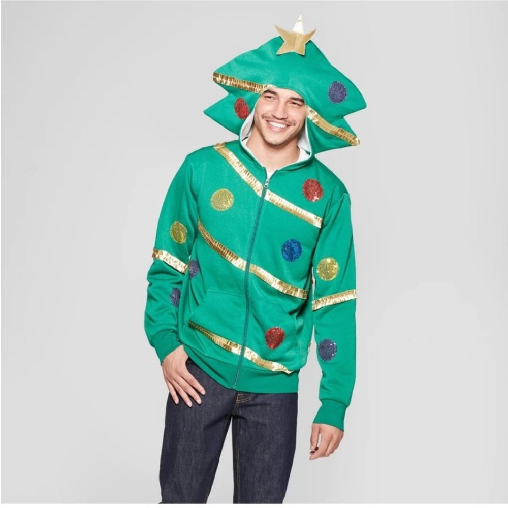Christmas Tree Hoodie: Festive Green Hoodie with Gold and Sequin Accents
